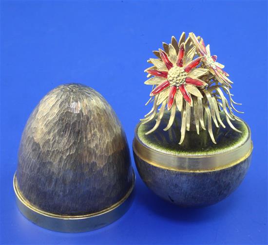 A cased early 1980s Stuart Devlin silver gilt and enamel surprise egg, 2.75in.